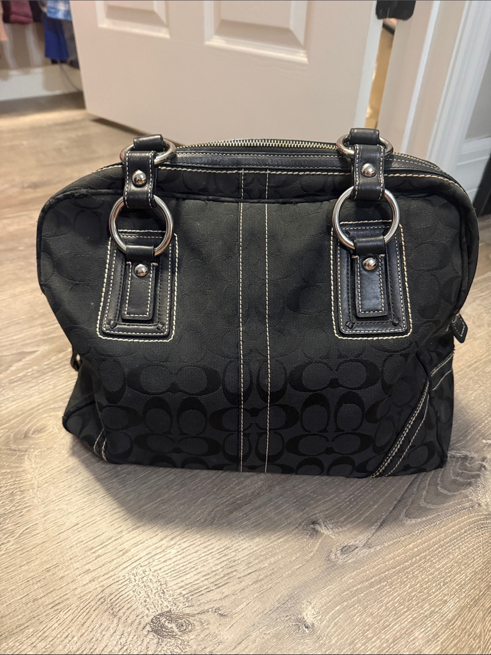 Coach Black Signature Canvas Tote with Leather Trim